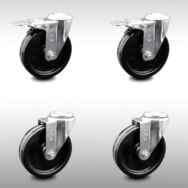 5 Inch SS Phenolic Wheel Swivel Bolt Hole Caster Set with 2 Total Lock Brake SCC